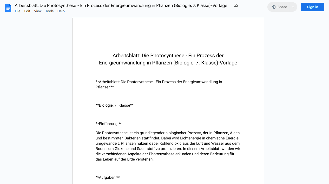 Arbeitsblatt: Die Photosynthese - Ein Prozess der Energieumwandlung in Pflanzen (Biologie, 7. Klasse)-Vorlage