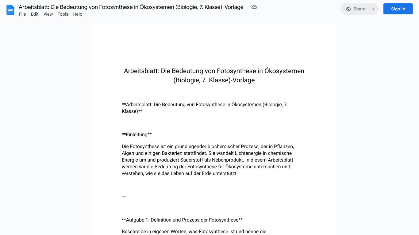 Arbeitsblatt: Die Bedeutung von Fotosynthese in Ökosystemen (Biologie, 7. Klasse)-Vorlage