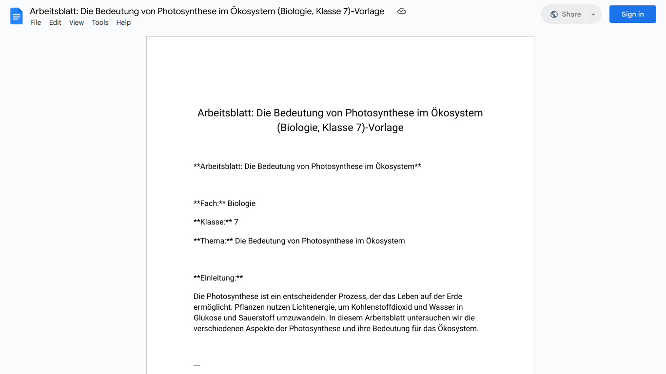 Arbeitsblatt: Die Bedeutung von Photosynthese im Ökosystem (Biologie, Klasse 7)-Vorlage