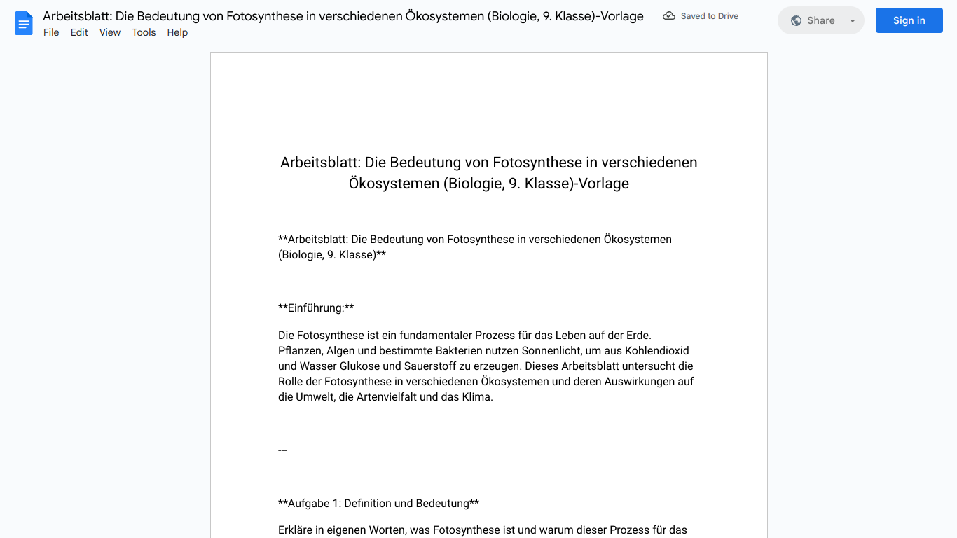 Arbeitsblatt: Die Bedeutung von Fotosynthese in verschiedenen Ökosystemen (Biologie, 9. Klasse)-Vorlage