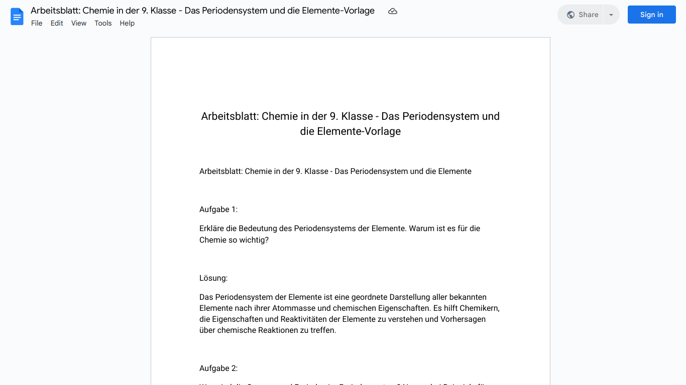 Arbeitsblatt: Chemie in der 9. Klasse - Das Periodensystem und die Elemente-Vorlage