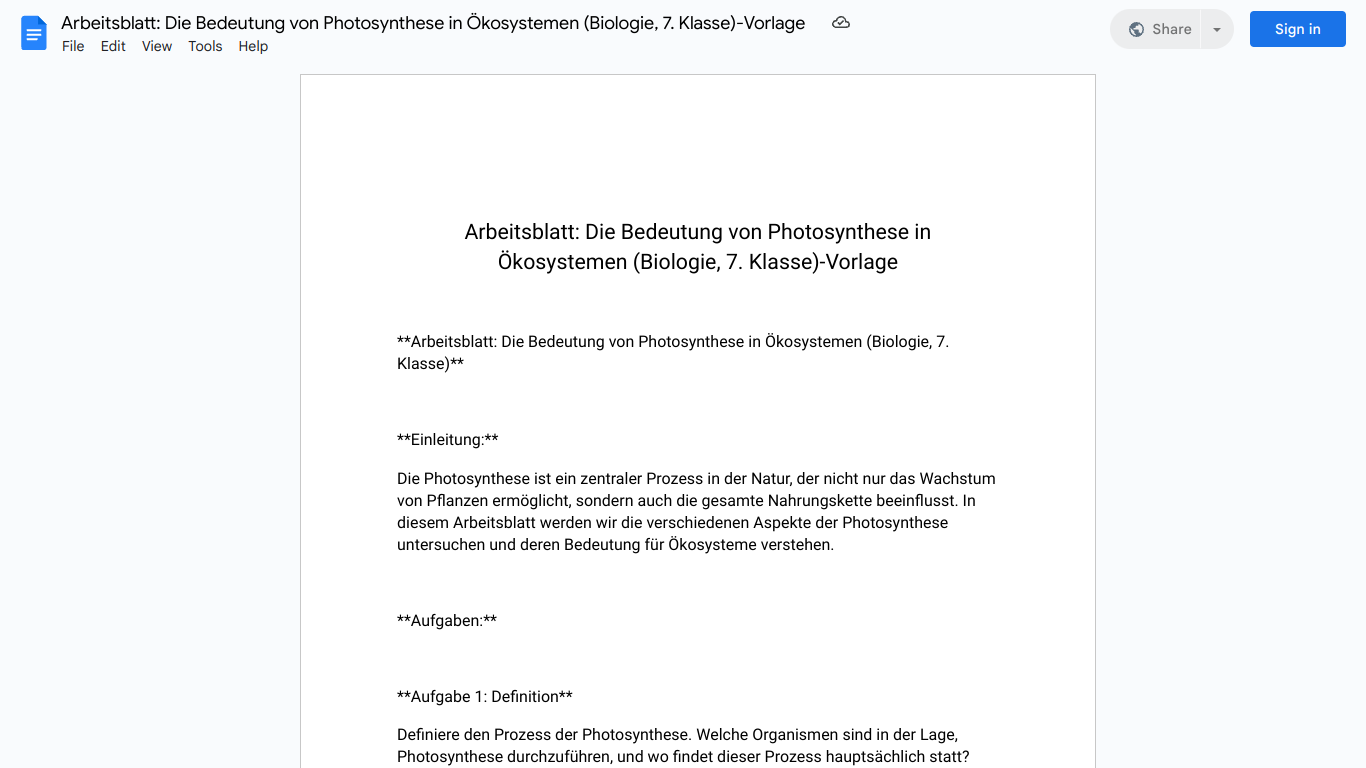 Arbeitsblatt: Die Bedeutung von Photosynthese in Ökosystemen (Biologie, 7. Klasse)-Vorlage