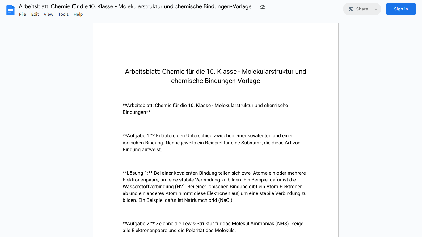 Arbeitsblatt: Chemie für die 10. Klasse - Molekularstruktur und chemische Bindungen-Vorlage