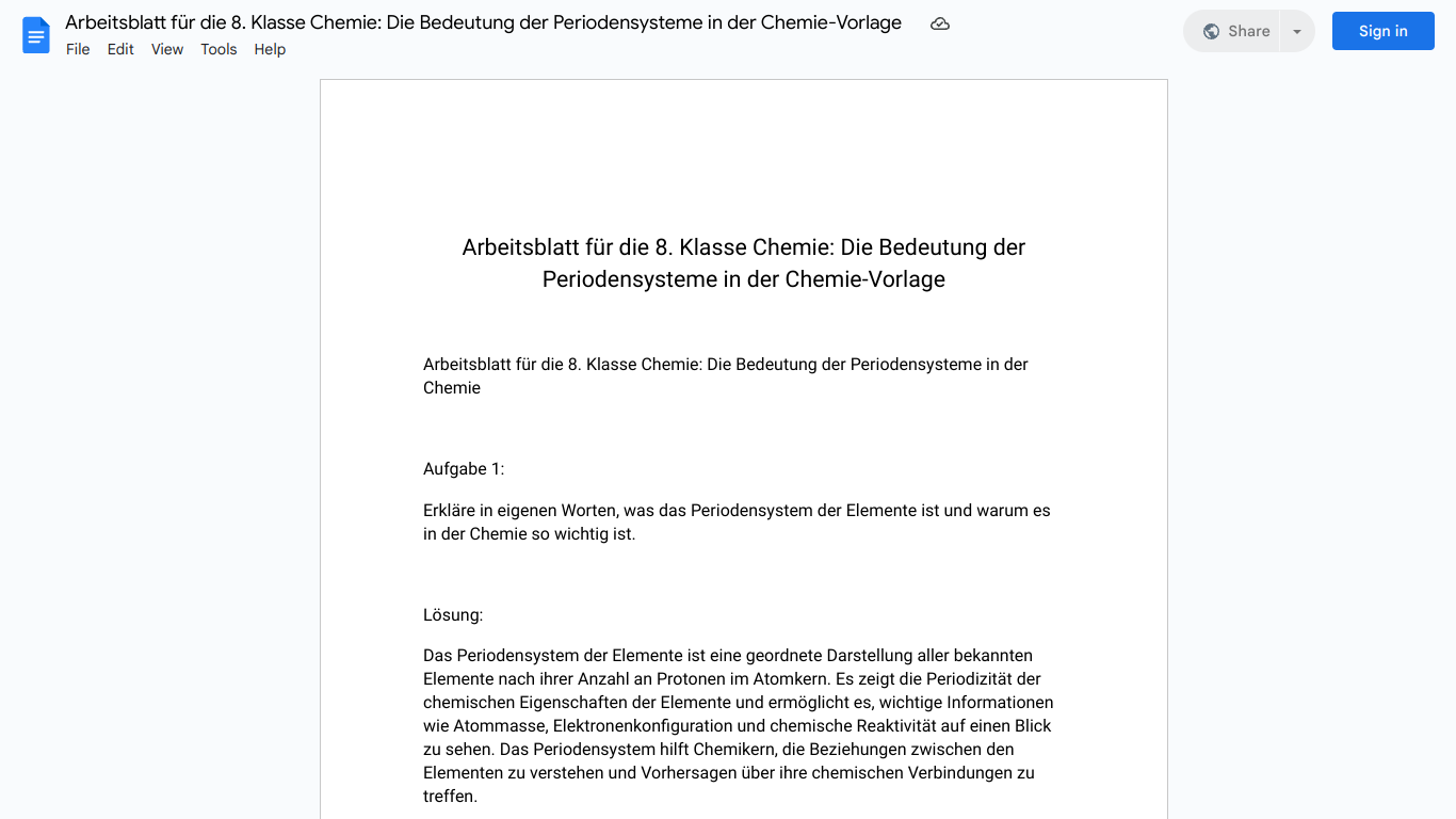 Arbeitsblatt für die 8. Klasse Chemie: Die Bedeutung der Periodensysteme in der Chemie-Vorlage