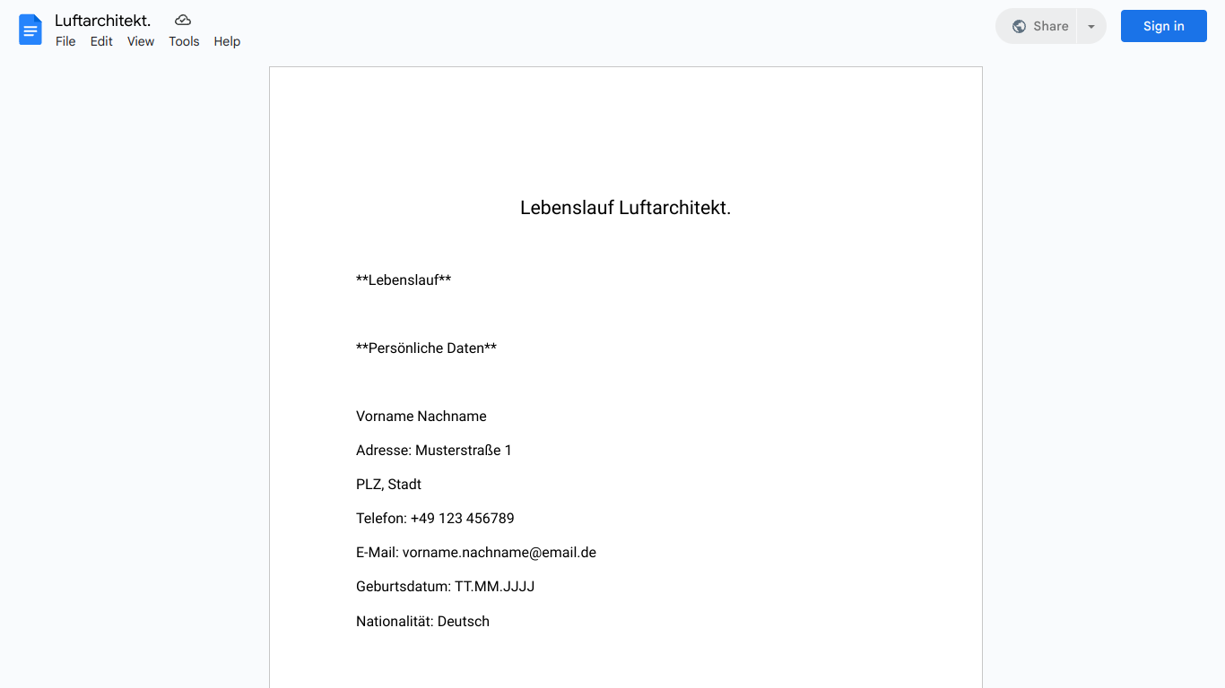 Lebenslauf-Luftarchitekt.