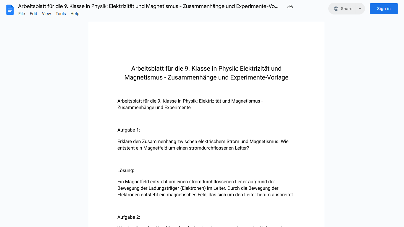 Arbeitsblatt für die 9. Klasse in Physik: Elektrizität und Magnetismus - Zusammenhänge und Experimente-Vorlage