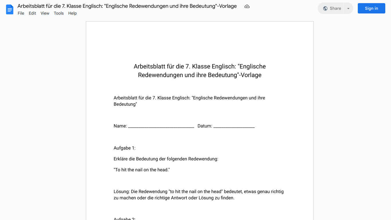 Arbeitsblatt für die 7. Klasse Englisch: "Englische Redewendungen und ihre Bedeutung"-Vorlage