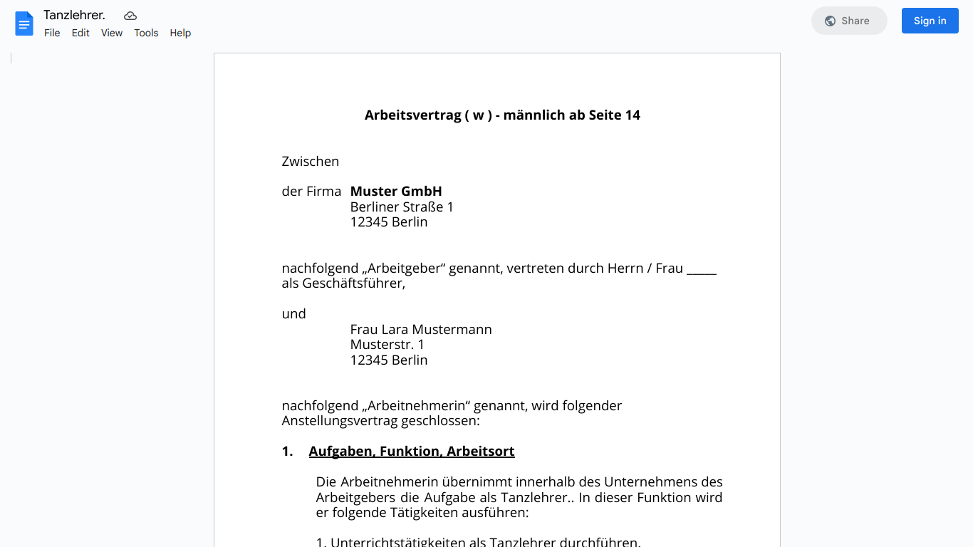 Arbeitsvertrag-Tanzlehrer.