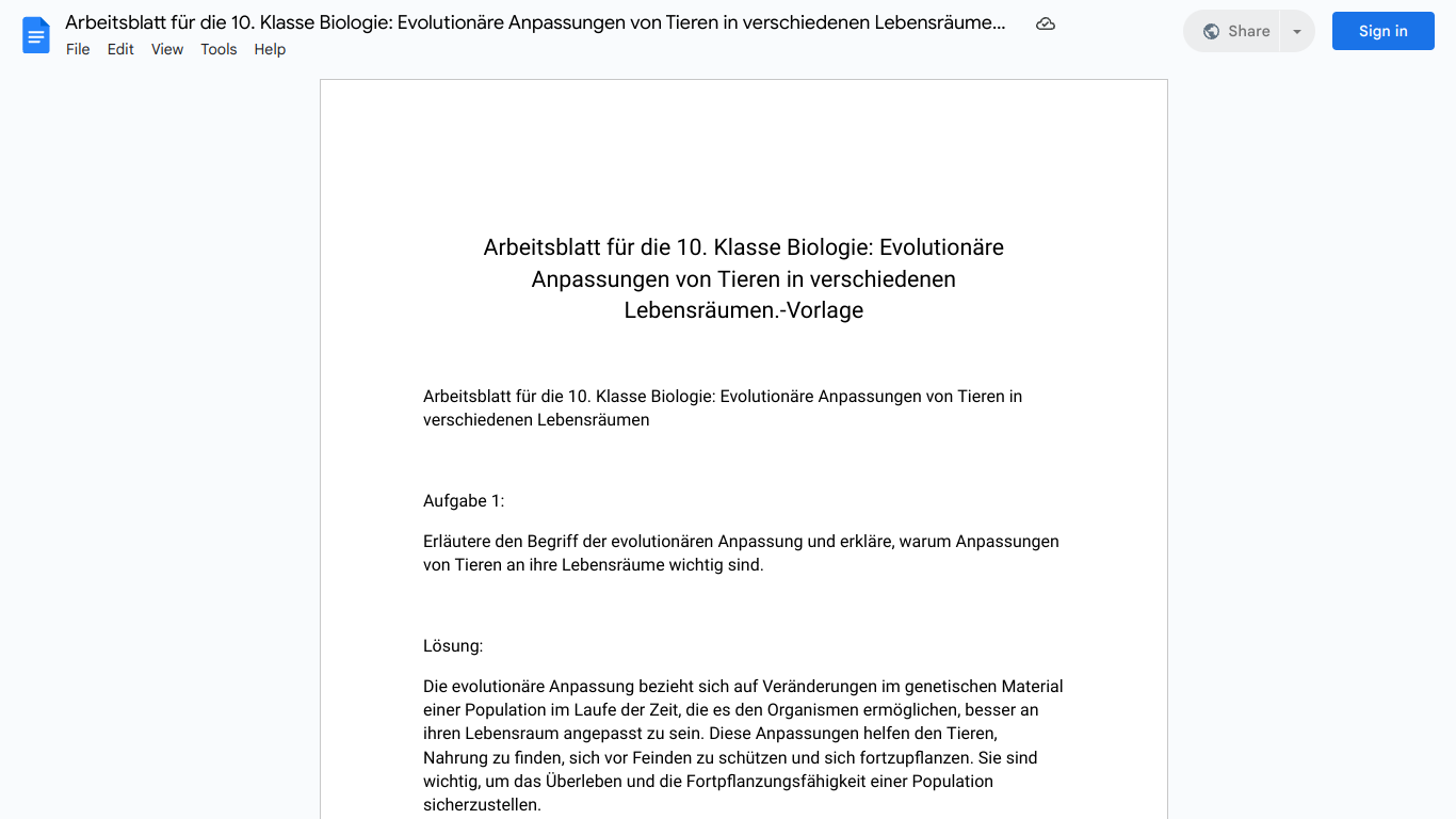 Arbeitsblatt für die 10. Klasse Biologie: Evolutionäre Anpassungen von Tieren in verschiedenen Lebensräumen.-Vorlage