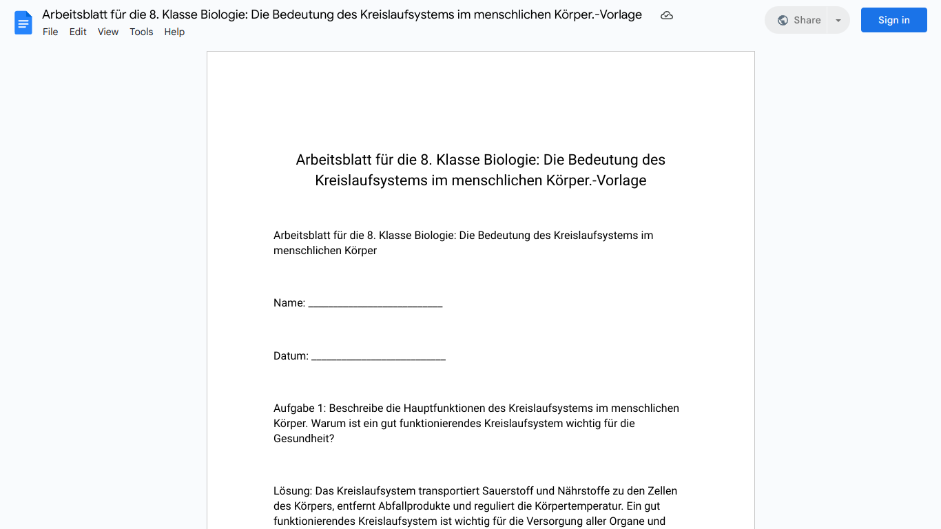 Arbeitsblatt für die 8. Klasse Biologie: Die Bedeutung des Kreislaufsystems im menschlichen Körper.-Vorlage