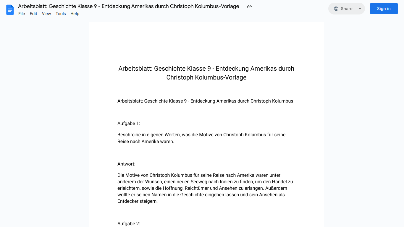 Arbeitsblatt: Geschichte Klasse 9 - Entdeckung Amerikas durch Christoph Kolumbus-Vorlage