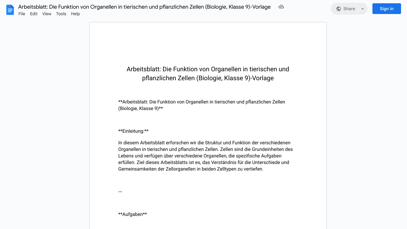 Arbeitsblatt: Die Funktion von Organellen in tierischen und pflanzlichen Zellen (Biologie, Klasse 9)-Vorlage