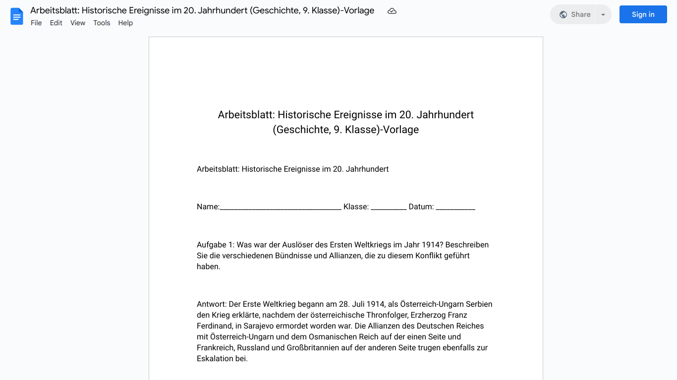 Arbeitsblatt: Historische Ereignisse im 20. Jahrhundert (Geschichte, 9. Klasse)-Vorlage