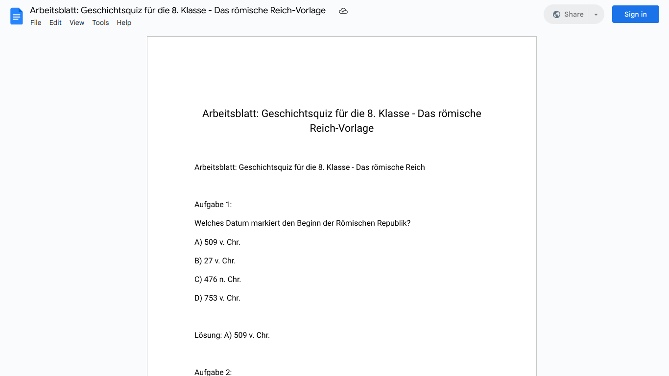 Arbeitsblatt: Geschichtsquiz für die 8. Klasse - Das römische Reich-Vorlage