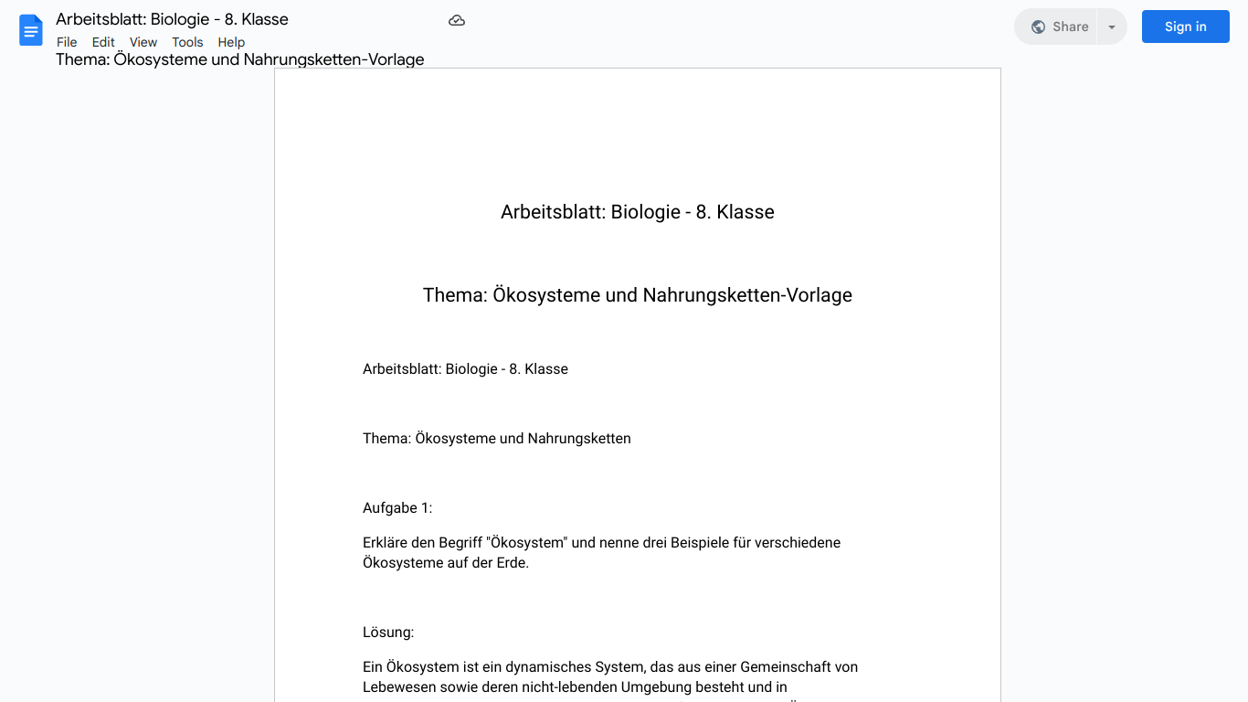 Arbeitsblatt: Biologie - 8. Klasse

Thema: Ökosysteme und Nahrungsketten-Vorlage