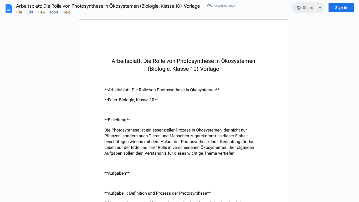 Arbeitsblatt: Die Rolle von Photosynthese in Ökosystemen (Biologie, Klasse 10)-Vorlage