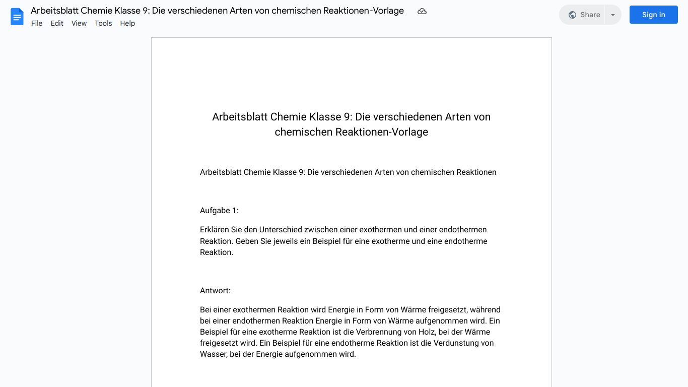 Arbeitsblatt Chemie Klasse 9: Die verschiedenen Arten von chemischen Reaktionen-Vorlage