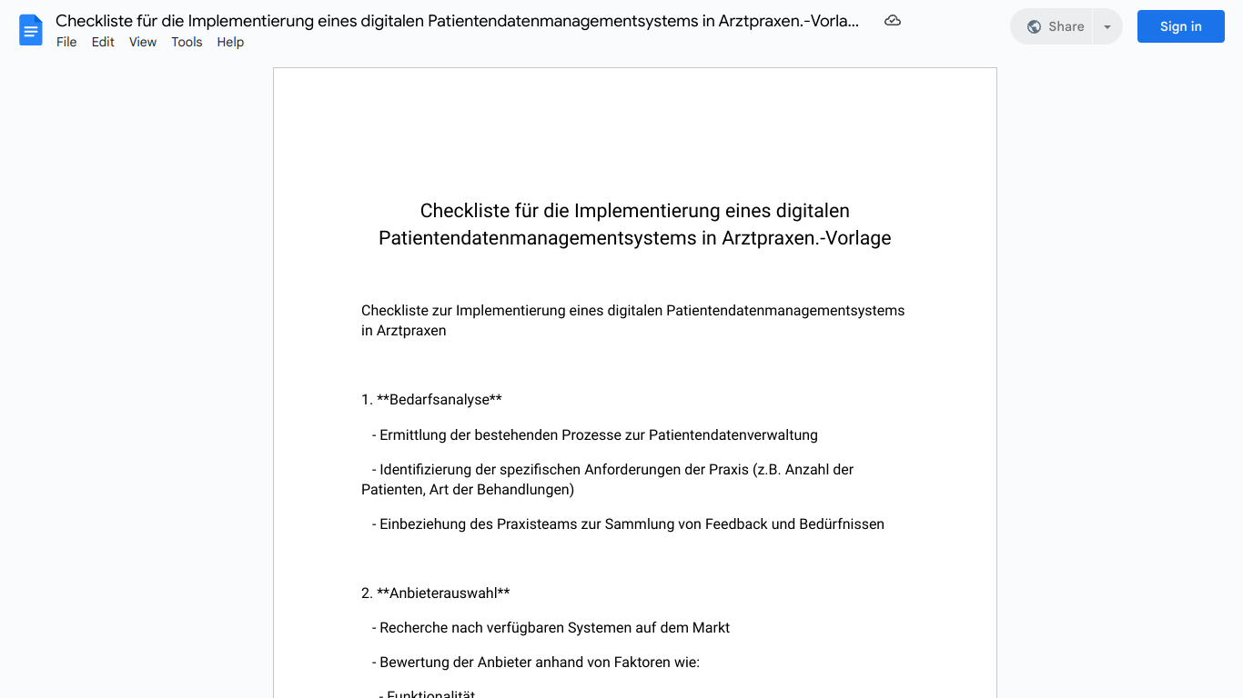 Checkliste für die Implementierung eines digitalen Patientendatenmanagementsystems in Arztpraxen.-Vorlage