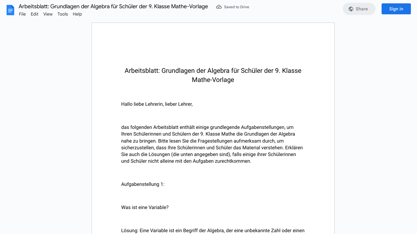 Arbeitsblatt: Grundlagen der Algebra für Schüler der 9. Klasse Mathe-Vorlage