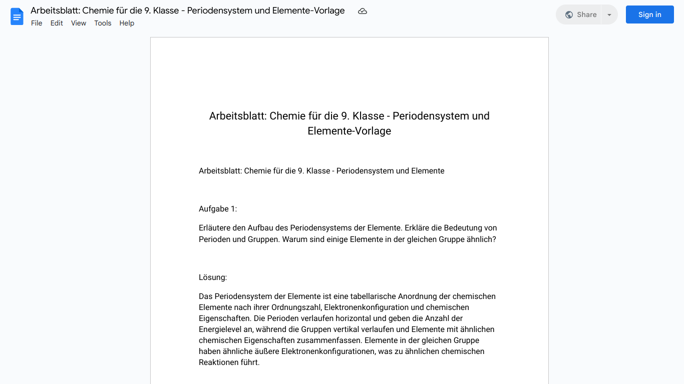 Arbeitsblatt: Chemie für die 9. Klasse - Periodensystem und Elemente-Vorlage