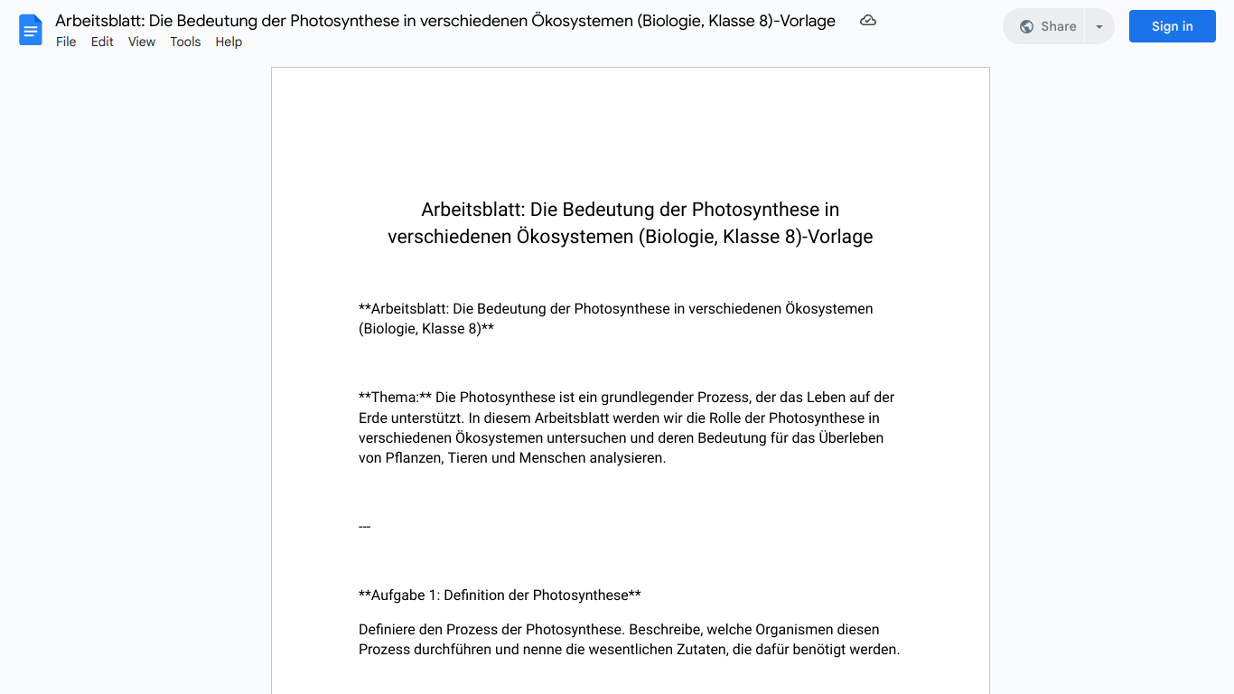 Arbeitsblatt: Die Bedeutung der Photosynthese in verschiedenen Ökosystemen (Biologie, Klasse 8)-Vorlage