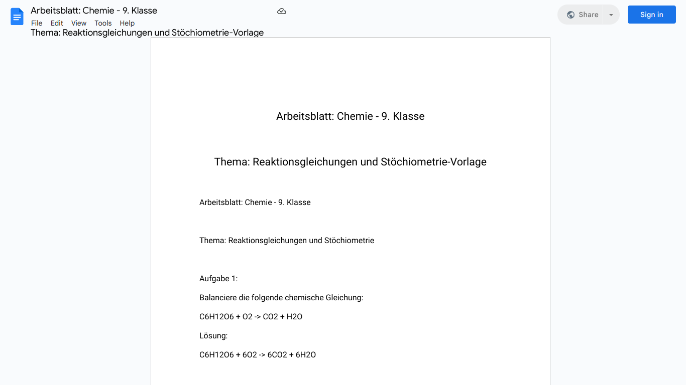 Arbeitsblatt: Chemie - 9. Klasse

Thema: Reaktionsgleichungen und Stöchiometrie-Vorlage