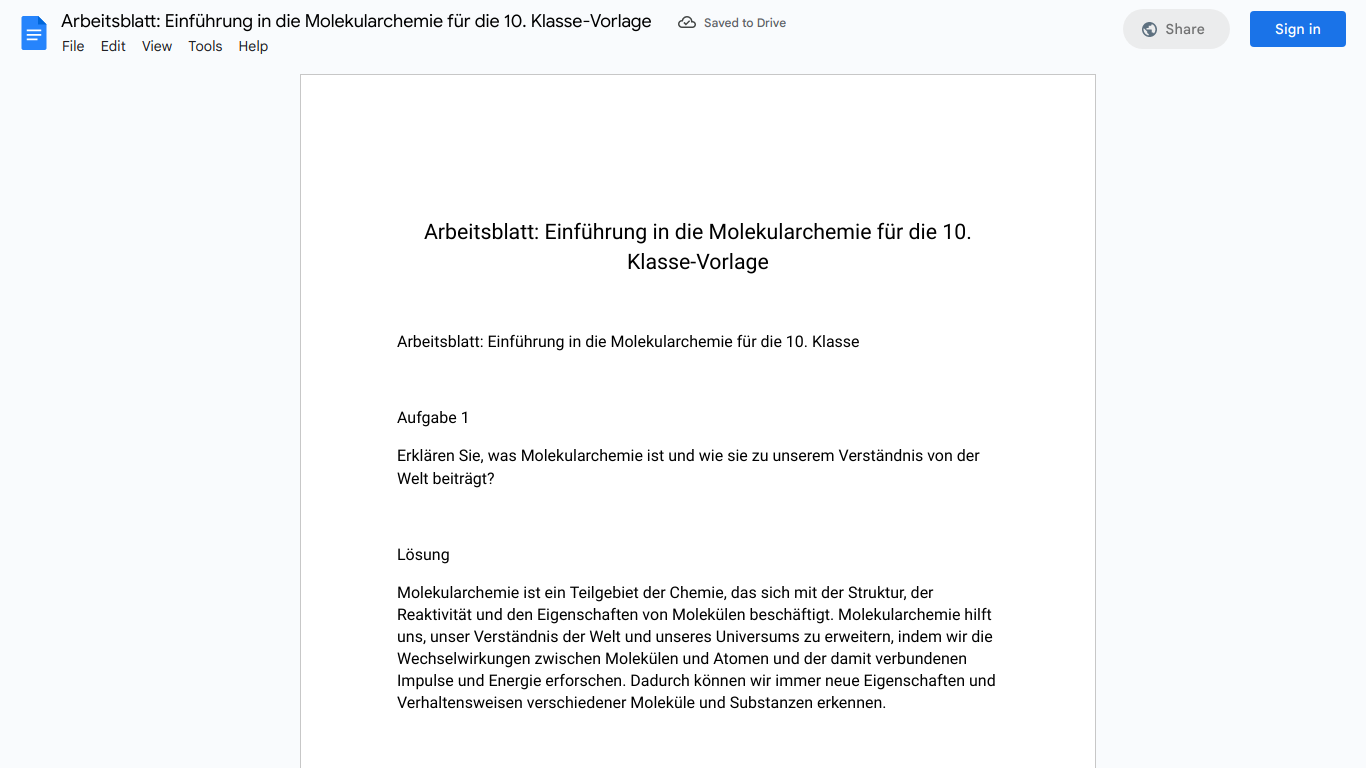 Arbeitsblatt: Einführung in die Molekularchemie für die 10. Klasse-Vorlage