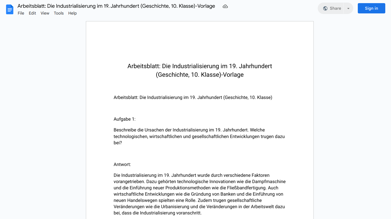 Arbeitsblatt: Die Industrialisierung im 19. Jahrhundert (Geschichte, 10. Klasse)-Vorlage