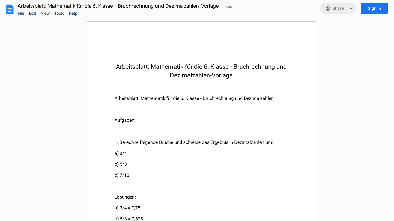 Arbeitsblatt: Mathematik für die 6. Klasse - Bruchrechnung und Dezimalzahlen-Vorlage