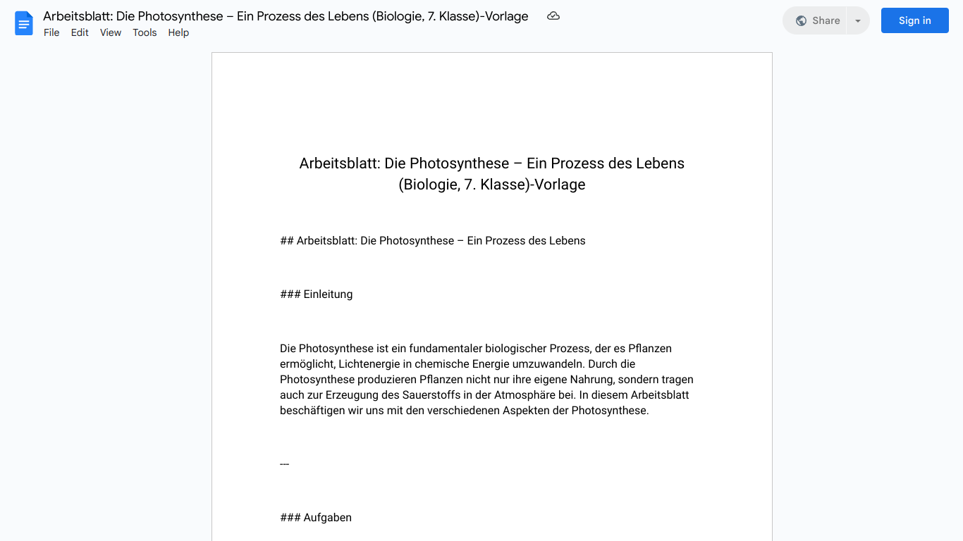 Arbeitsblatt: Die Photosynthese – Ein Prozess des Lebens (Biologie, 7. Klasse)-Vorlage