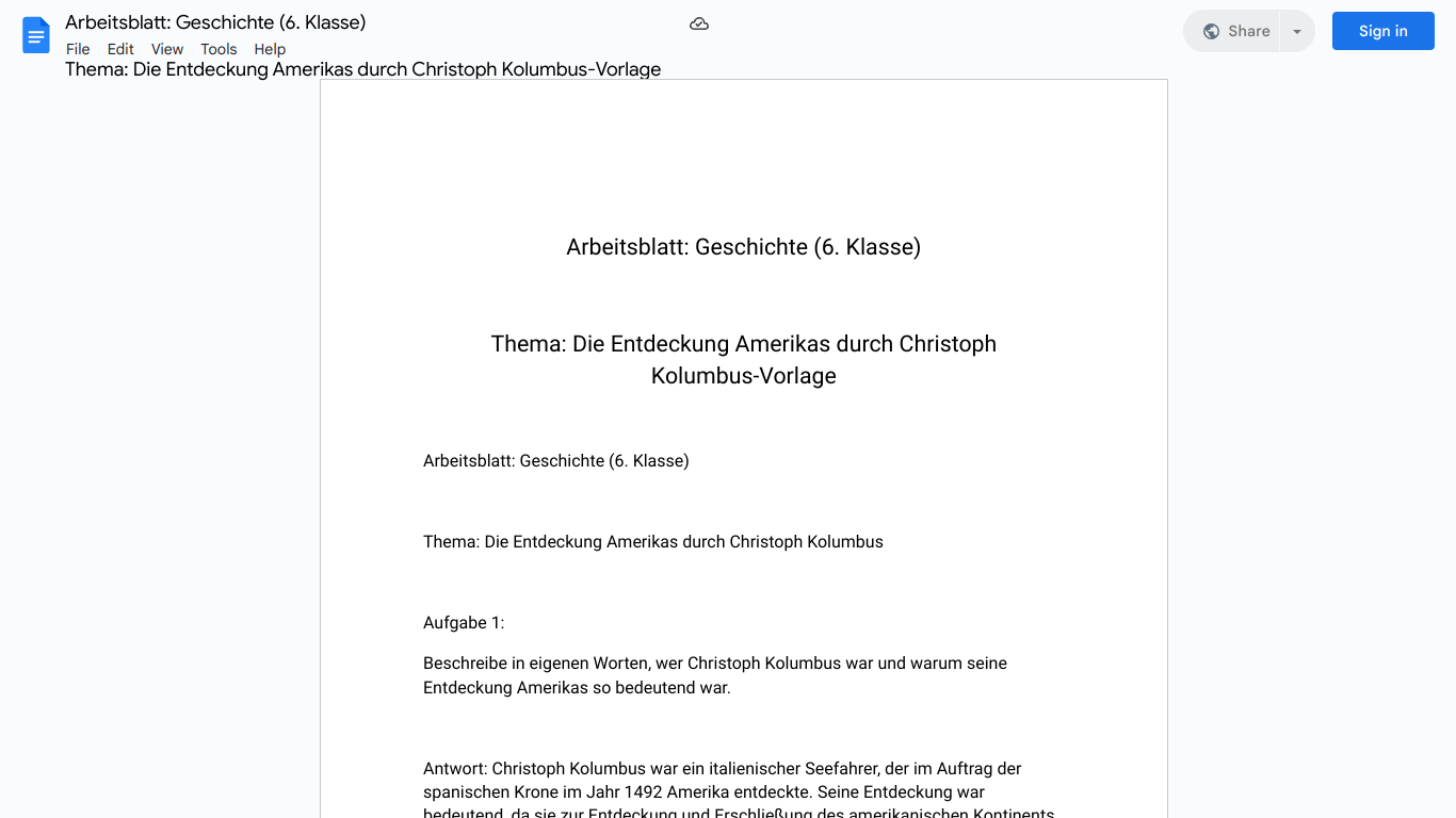 Arbeitsblatt: Geschichte (6. Klasse)

Thema: Die Entdeckung Amerikas durch Christoph Kolumbus-Vorlage