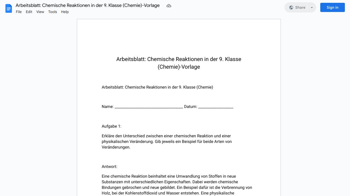 Arbeitsblatt: Chemische Reaktionen in der 9. Klasse (Chemie)-Vorlage