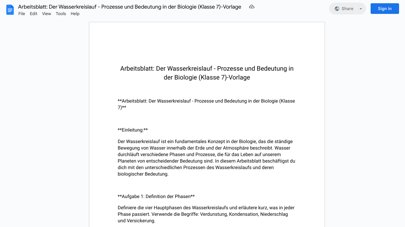 Arbeitsblatt: Der Wasserkreislauf - Prozesse und Bedeutung in der Biologie (Klasse 7)-Vorlage