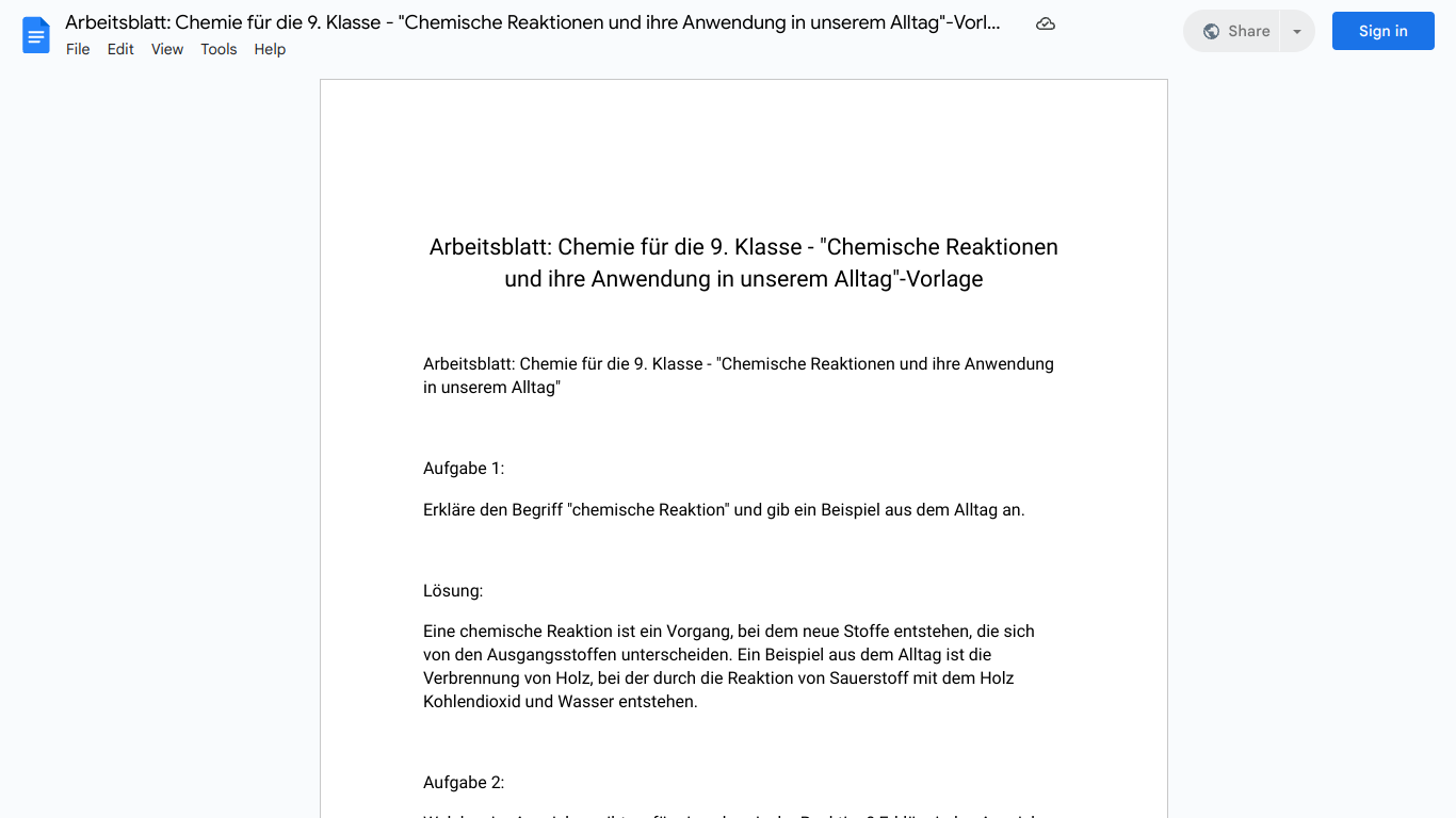 Arbeitsblatt: Chemie für die 9. Klasse - "Chemische Reaktionen und ihre Anwendung in unserem Alltag"-Vorlage