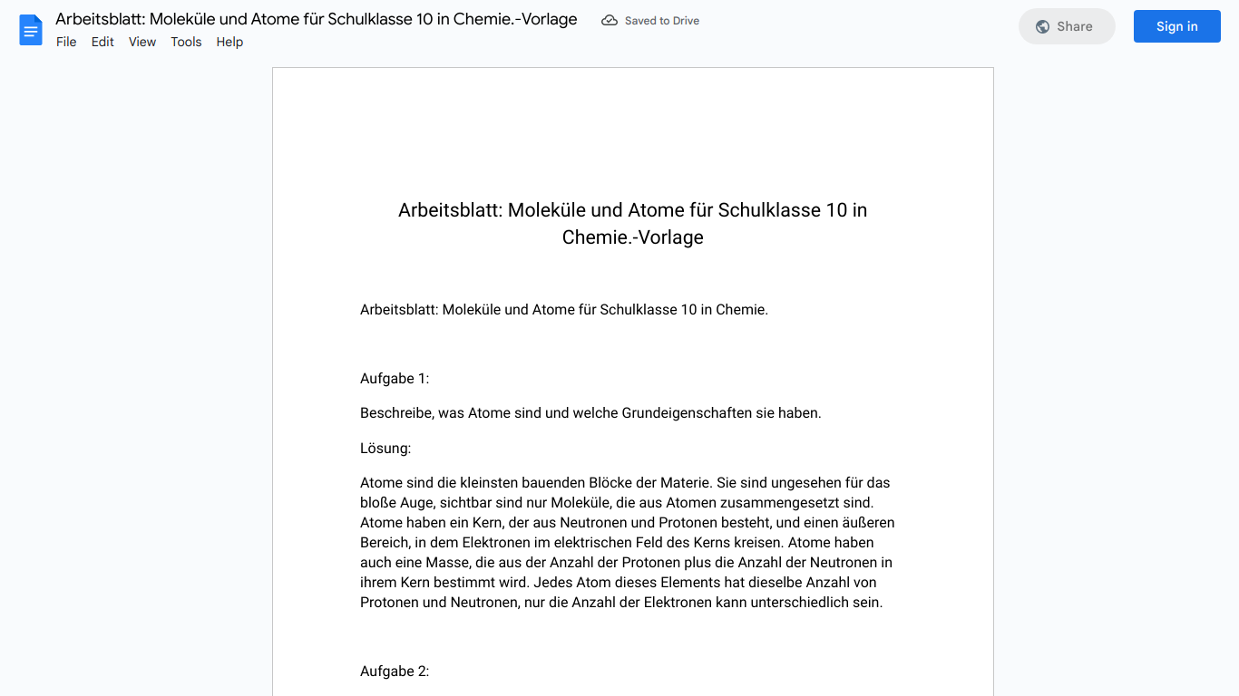 Arbeitsblatt: Moleküle und Atome für Schulklasse 10 in Chemie.-Vorlage