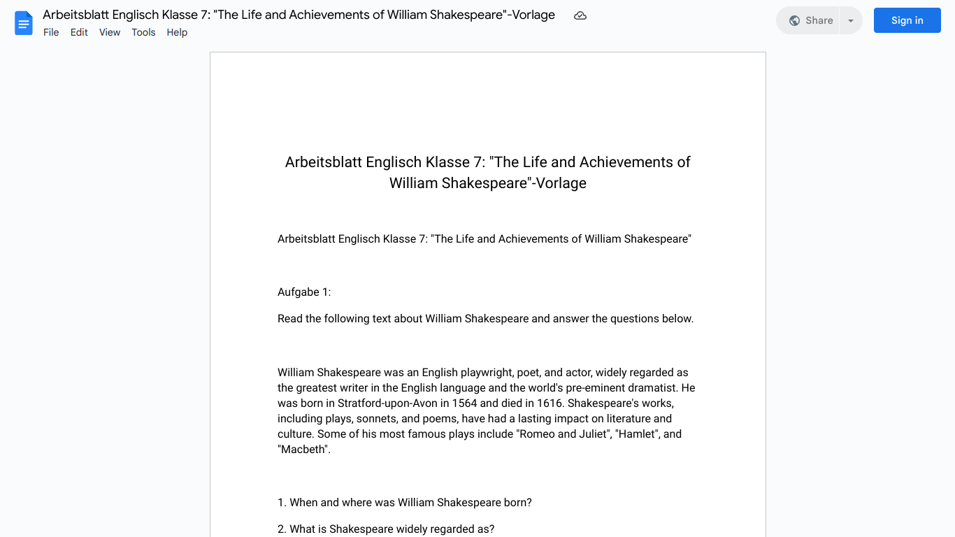 Arbeitsblatt Englisch Klasse 7: "The Life and Achievements of William Shakespeare"-Vorlage