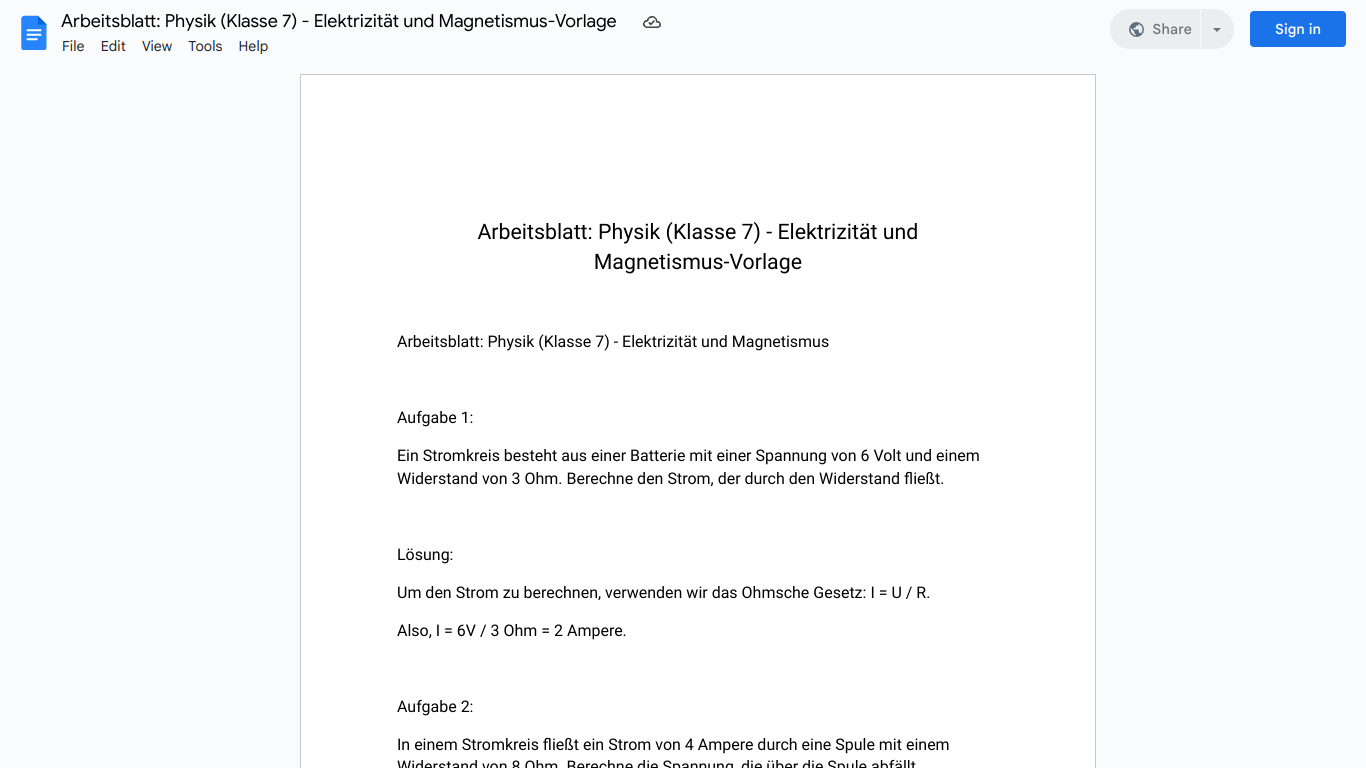 Arbeitsblatt: Physik (Klasse 7) - Elektrizität und Magnetismus-Vorlage