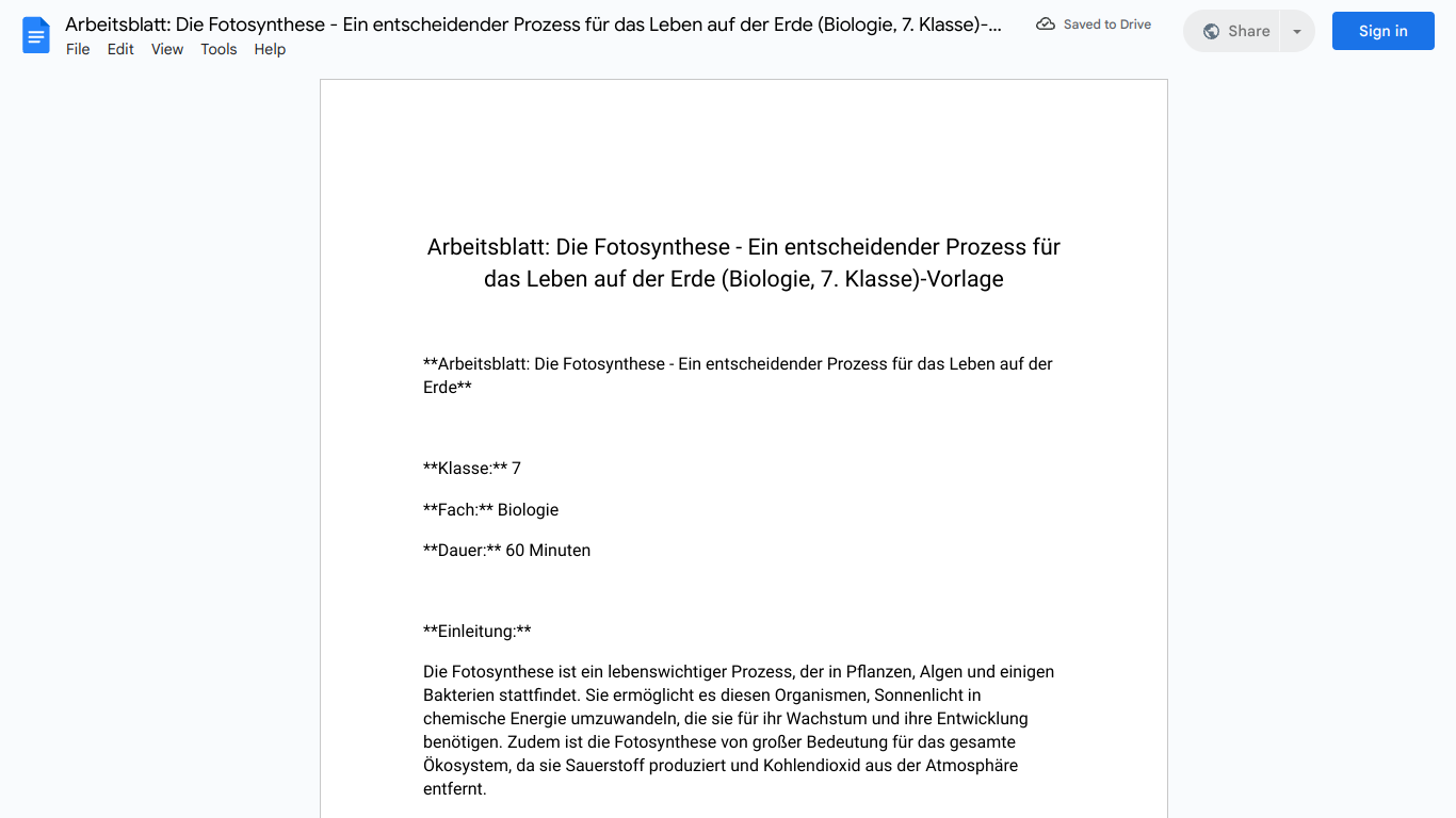 Arbeitsblatt: Die Fotosynthese - Ein entscheidender Prozess für das Leben auf der Erde (Biologie, 7. Klasse)-Vorlage