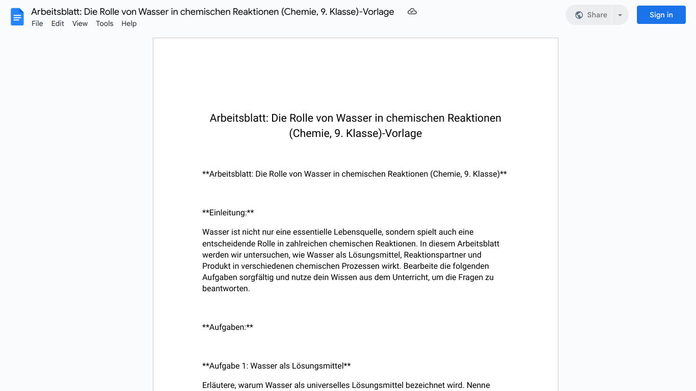 Arbeitsblatt: Die Rolle von Wasser in chemischen Reaktionen (Chemie, 9. Klasse)-Vorlage