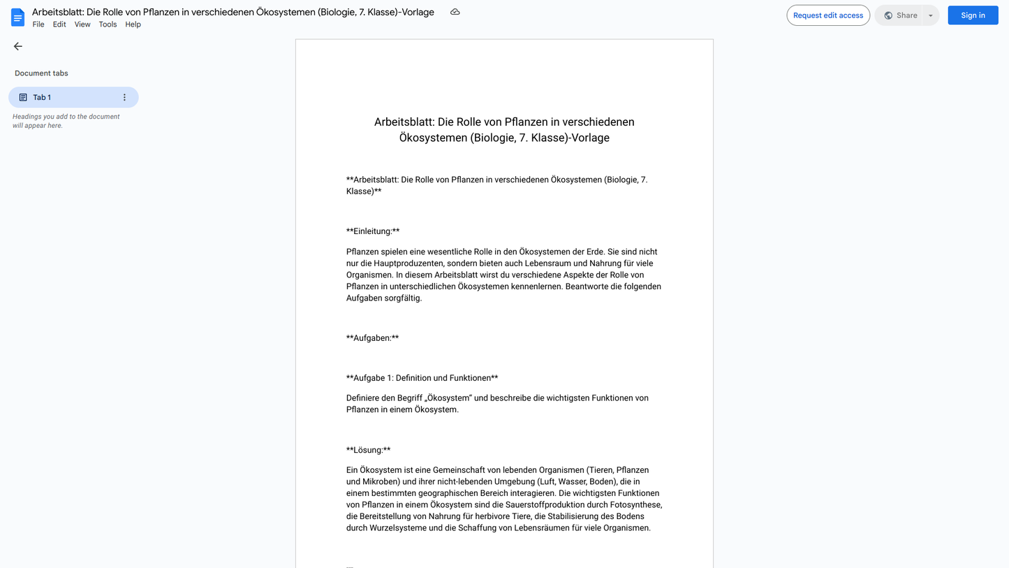 Arbeitsblatt: Die Rolle von Pflanzen in verschiedenen Ökosystemen (Biologie, 7. Klasse)-Vorlage