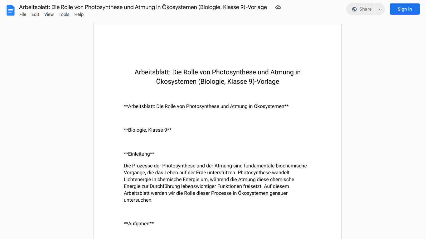 Arbeitsblatt: Die Rolle von Photosynthese und Atmung in Ökosystemen (Biologie, Klasse 9)-Vorlage