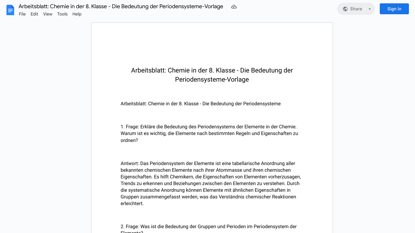 Arbeitsblatt: Chemie in der 8. Klasse - Die Bedeutung der Periodensysteme-Vorlage