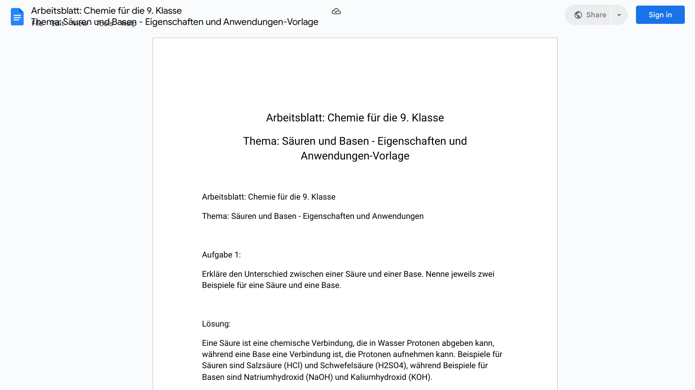 Arbeitsblatt: Chemie für die 9. Klasse
Thema: Säuren und Basen - Eigenschaften und Anwendungen-Vorlage