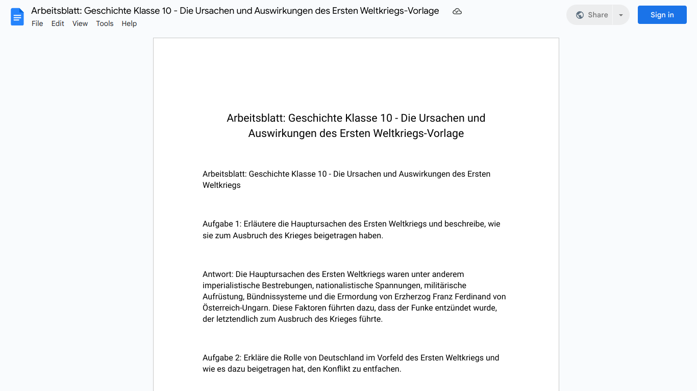 Arbeitsblatt: Geschichte Klasse 10 - Die Ursachen und Auswirkungen des Ersten Weltkriegs-Vorlage