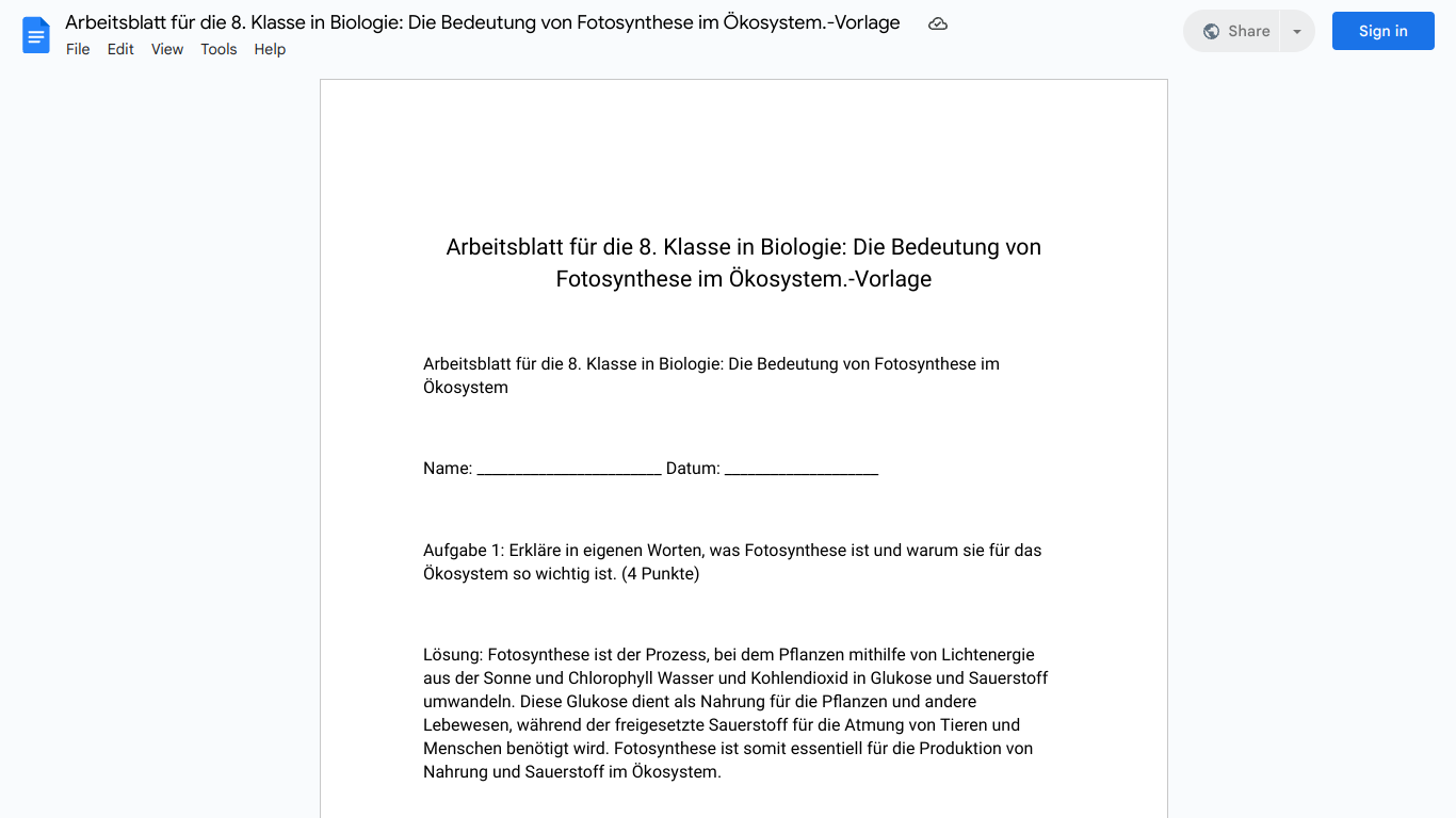 Arbeitsblatt für die 8. Klasse in Biologie: Die Bedeutung von Fotosynthese im Ökosystem.-Vorlage