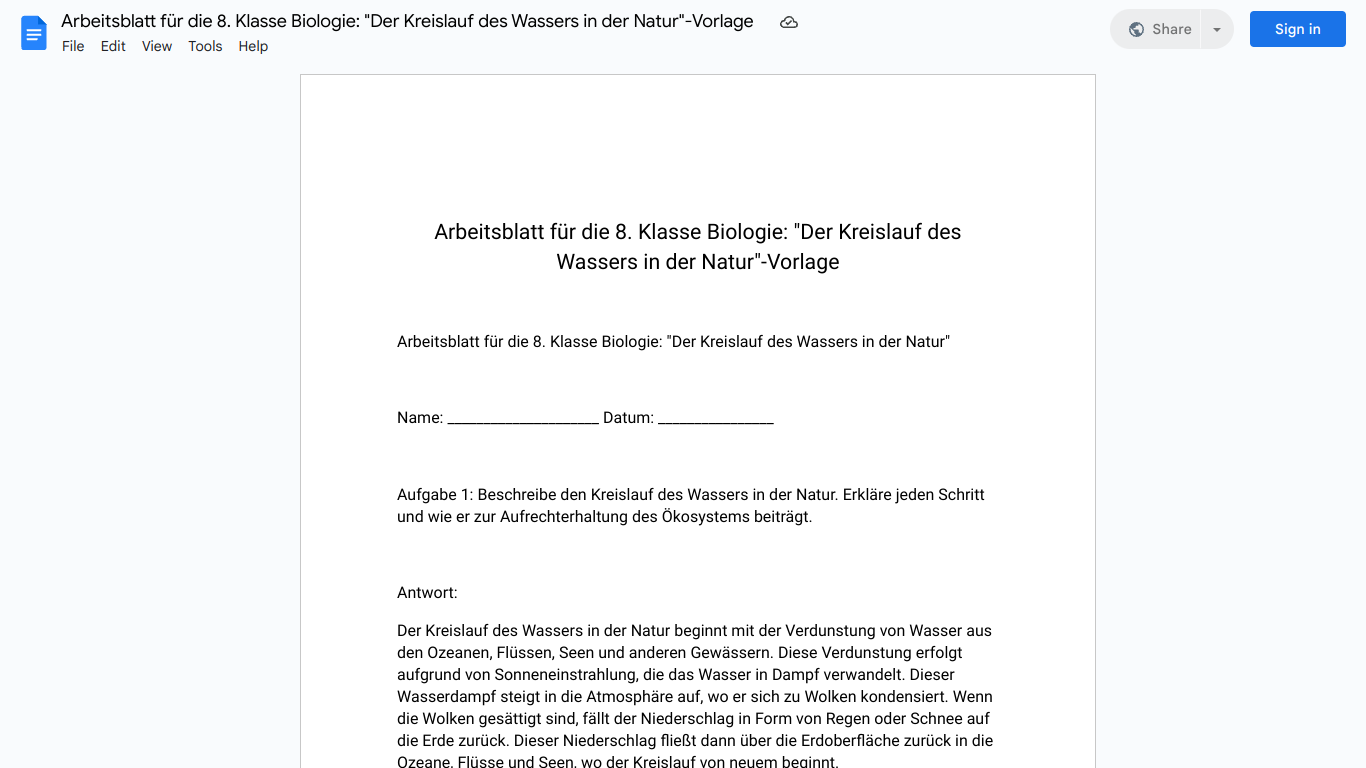 Arbeitsblatt für die 8. Klasse Biologie: "Der Kreislauf des Wassers in der Natur"-Vorlage