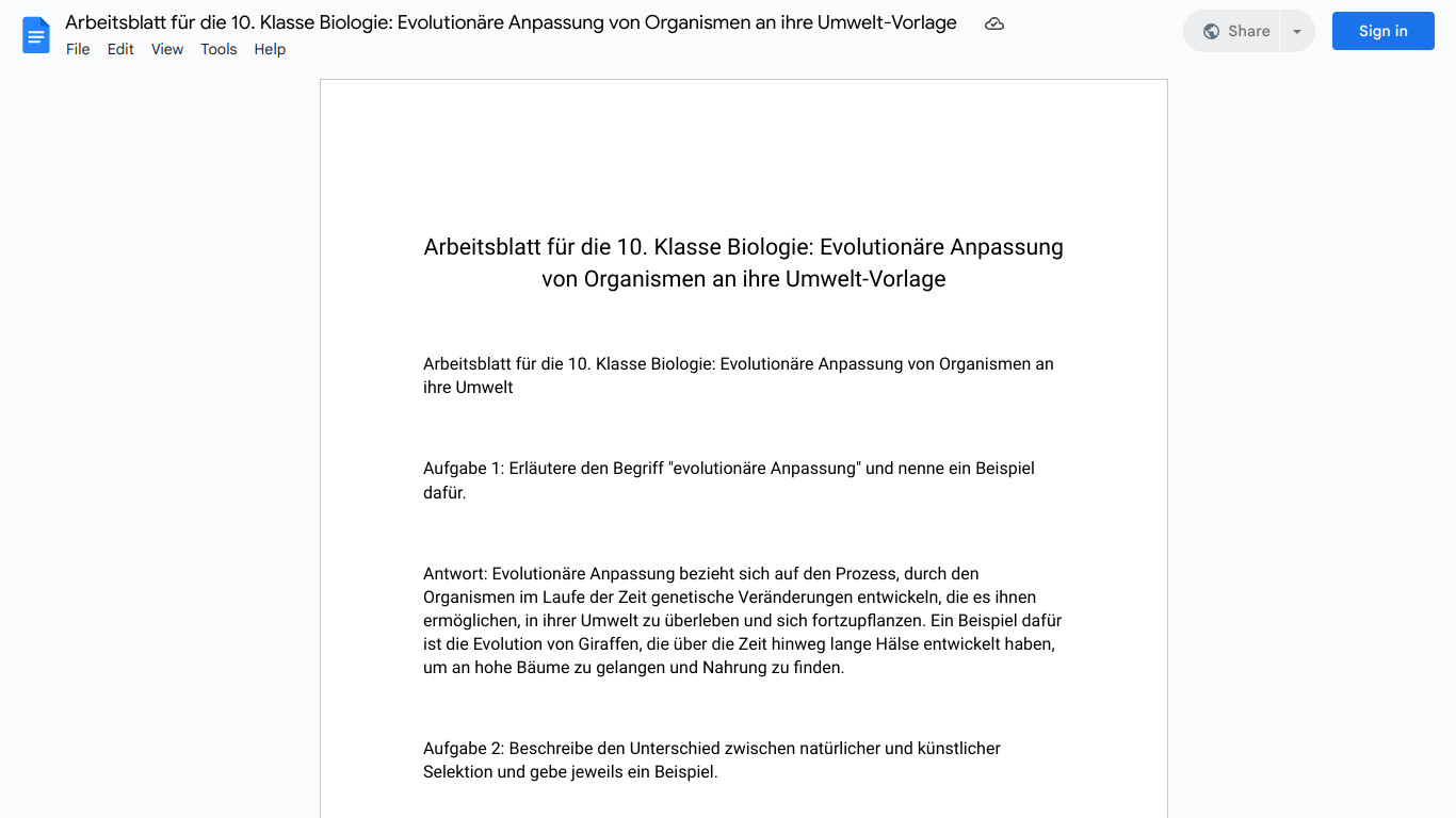 Arbeitsblatt für die 10. Klasse Biologie: Evolutionäre Anpassung von Organismen an ihre Umwelt-Vorlage