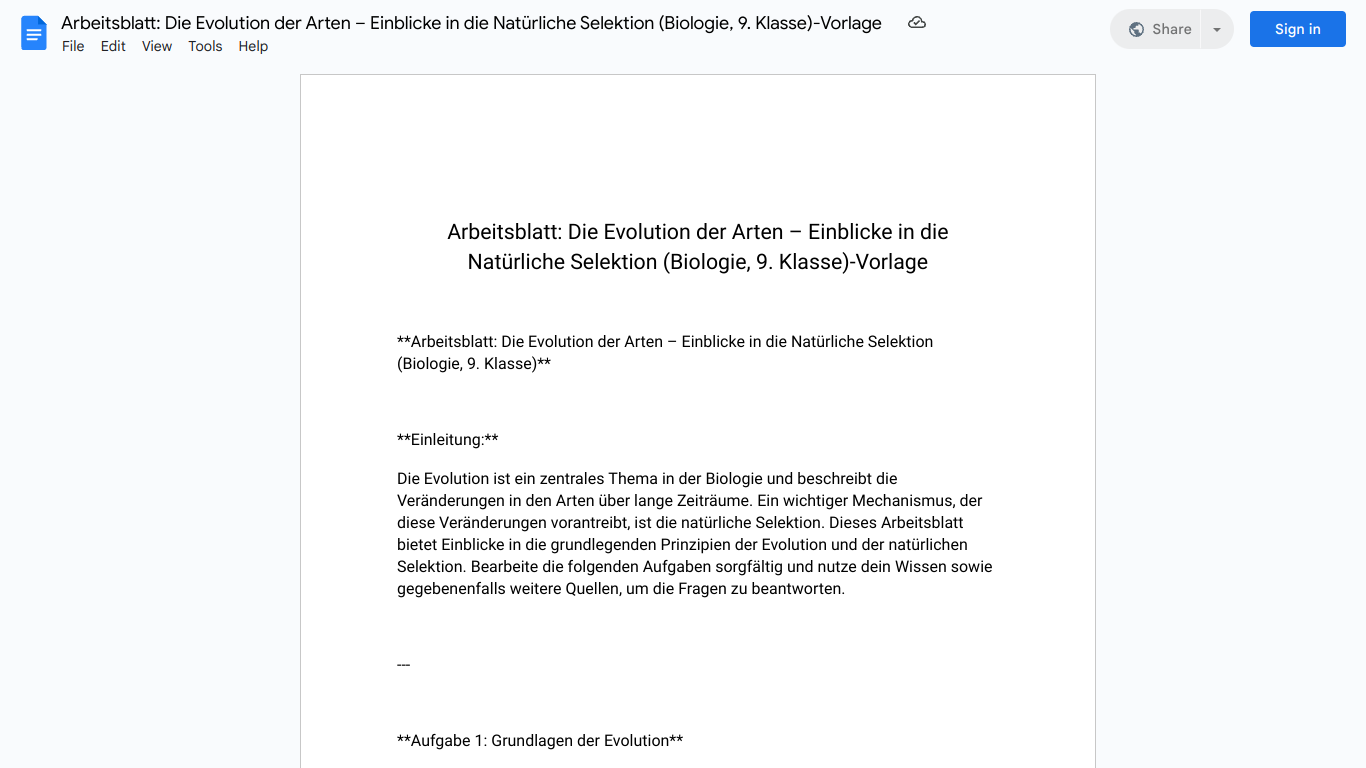 Arbeitsblatt: Die Evolution der Arten – Einblicke in die Natürliche Selektion (Biologie, 9. Klasse)-Vorlage