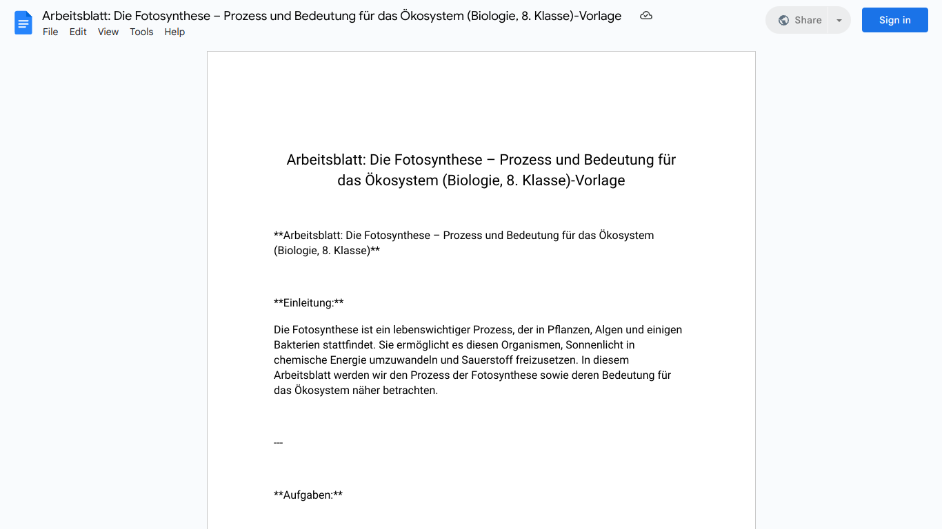 Arbeitsblatt: Die Fotosynthese – Prozess und Bedeutung für das Ökosystem (Biologie, 8. Klasse)-Vorlage