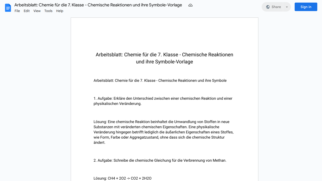 Arbeitsblatt: Chemie für die 7. Klasse - Chemische Reaktionen und ihre Symbole-Vorlage